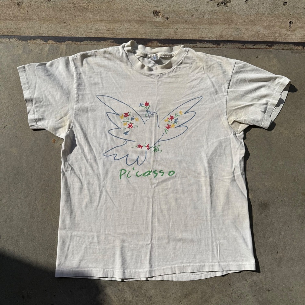 Vintage Picasso Dove of Peace T-Shirt Hanes Beefy 80s White Single Stitch Medium